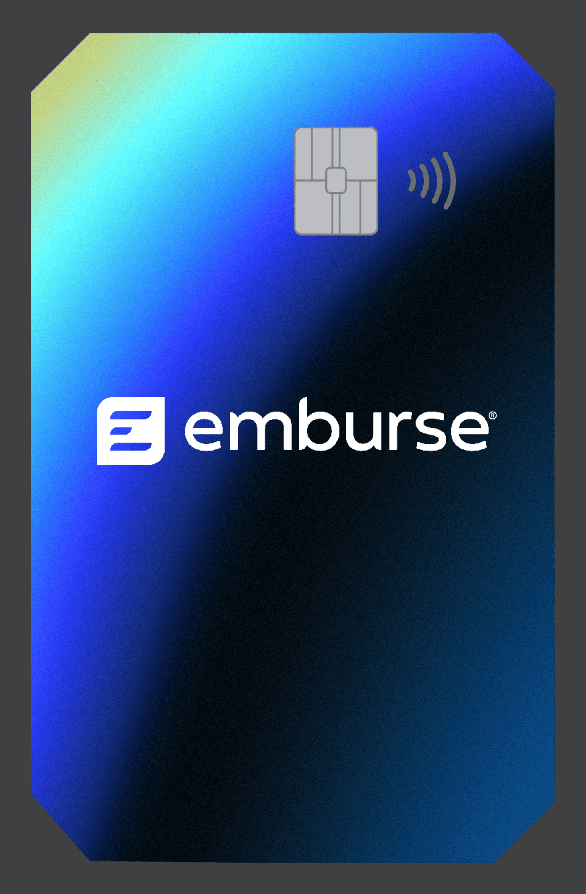 An Emburse card with a blue gradient design, embedded chip, and contactless payment symbol.