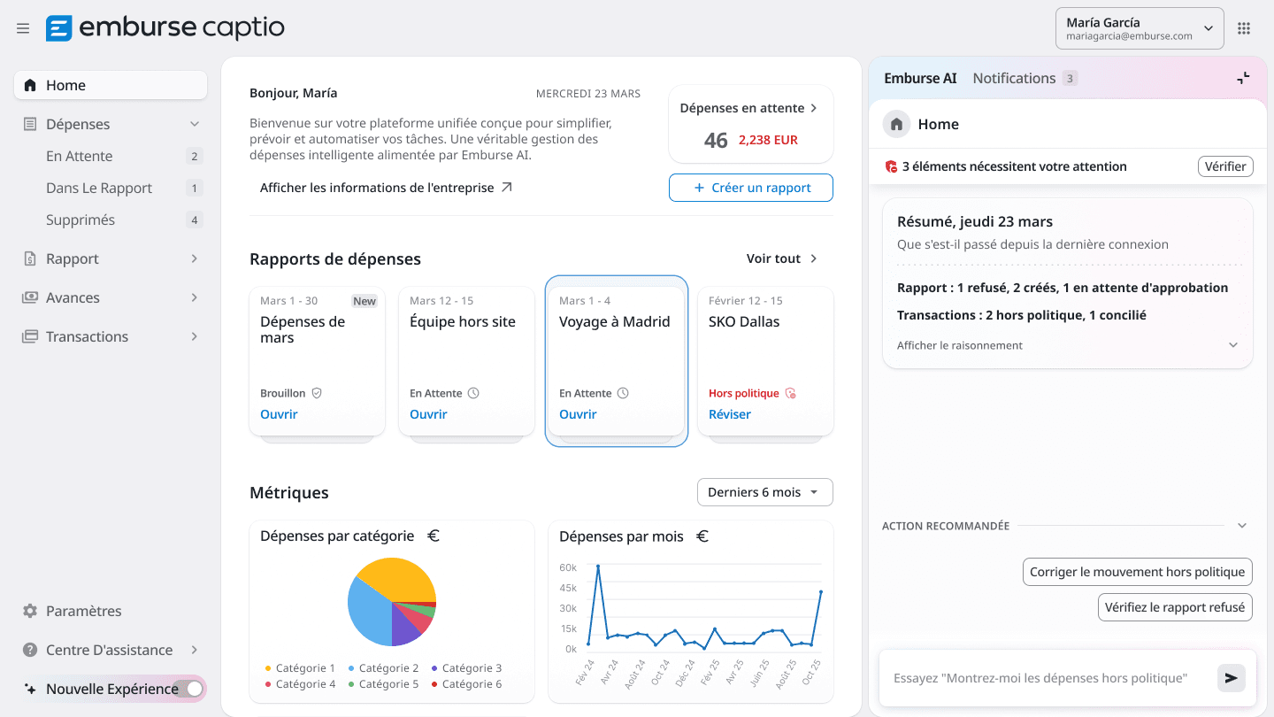 A dashboard for Emburse Captio, an expense management application, displaying expense reports, spending metrics with charts, and notifications.