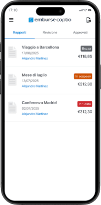 A smartphone displaying the emburse captio app with a list of expense reports in Italian, showing amounts and statuses like draft, pending, and rejected.