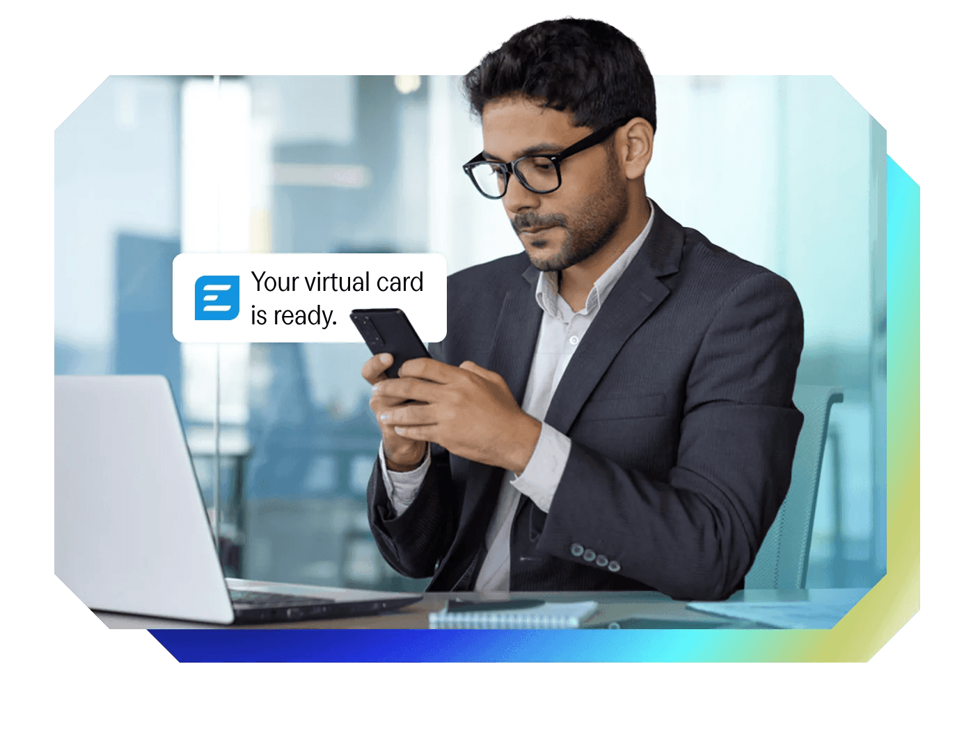 a man in a suit is looking at his phone with a message that says your virtual card is ready