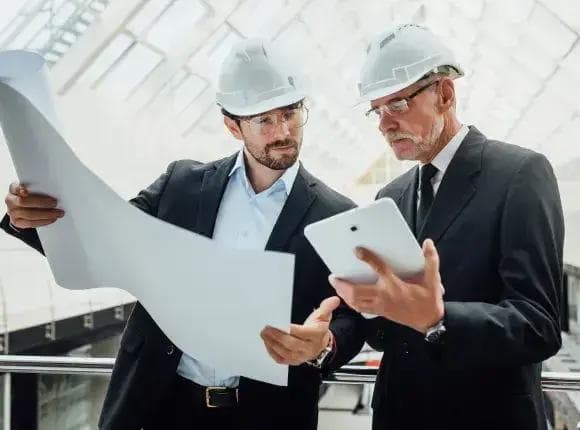 two men in hard hats are looking at a blueprint and a tablet .