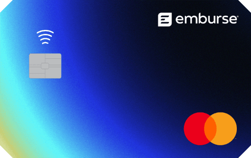An Emburse card with a blue gradient design, embedded chip, and contactless payment symbol.