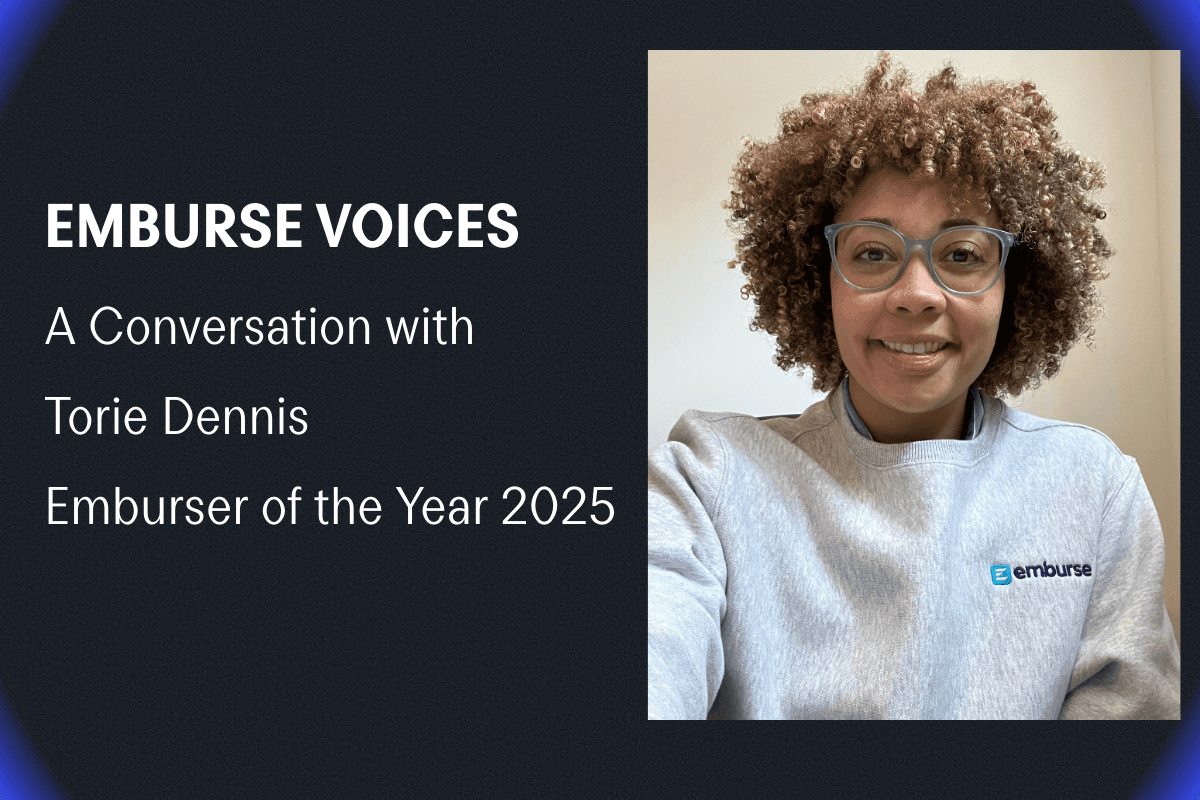 Text: Emburse Voices, A Conversation with Torie Dennis, Emburser of the Year 2025. Photo shows Torie Dennis smiling in an Emburse sweatshirt.
