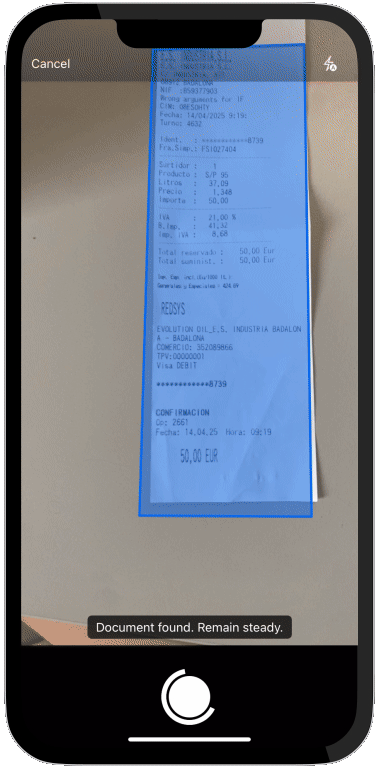 A smartphone screen displaying a camera view of a receipt being scanned, highlighted in blue with a "Document found. Remain steady." message.