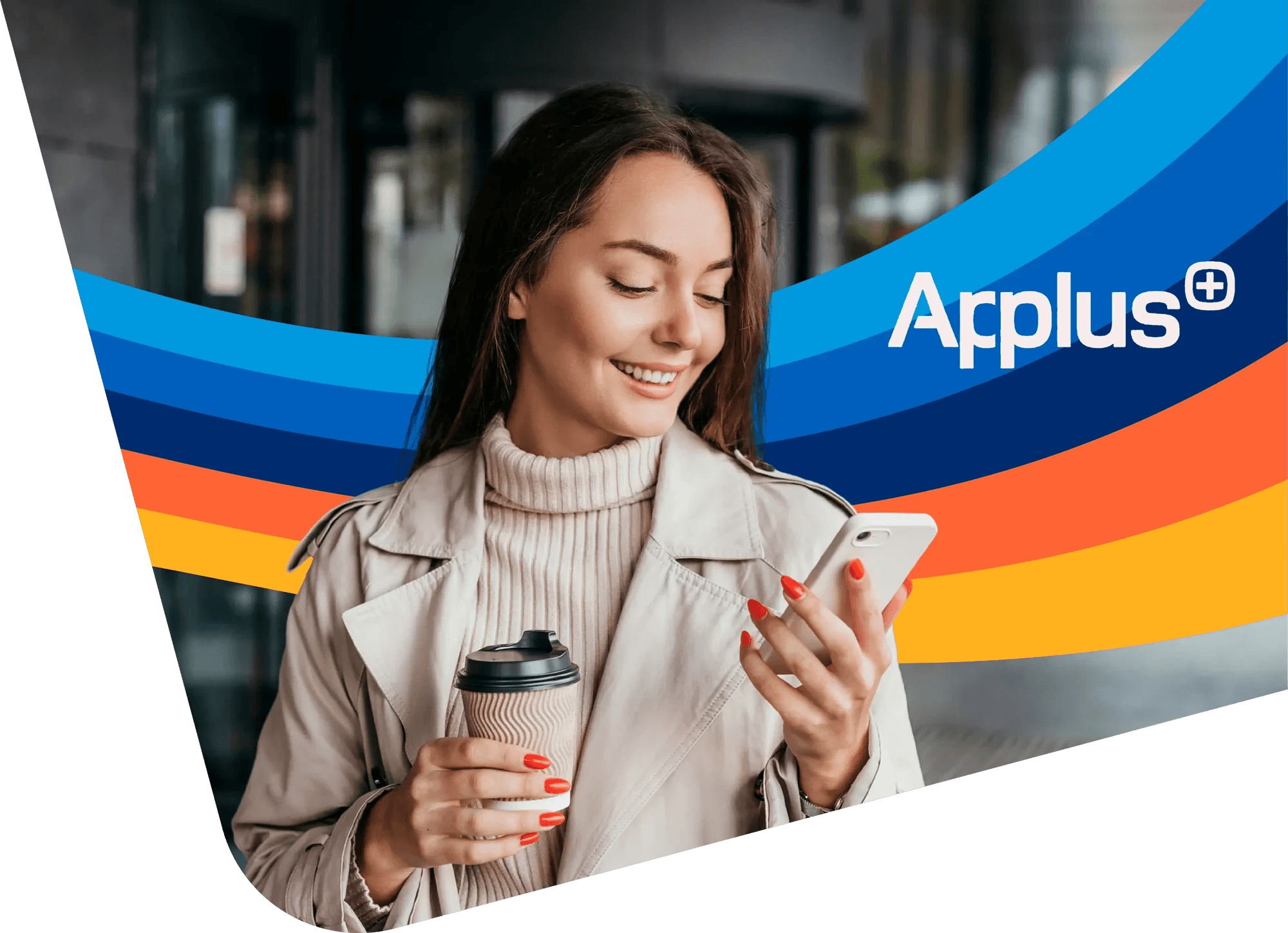 a woman is holding a cup of coffee and looking at her phone