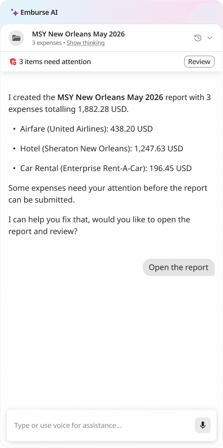 An AI assistant interface shows an expense report for MSY New Orleans May 2026 totaling $1,882.28, stating 3 items need attention, and prompting the user to open and review it.