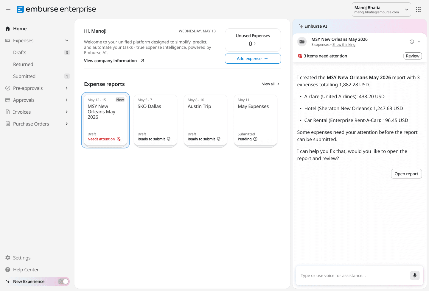 Emburse Enterprise expense management software displaying expense reports and an AI assistant summarizing a New Orleans May 2026 report totaling $1,882.28 that needs attention.