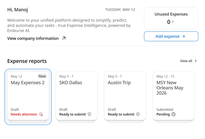Emburse AI expense management dashboard with a welcome to Manoj, showing zero unused expenses, an 'Add expense' button, and multiple expense reports including one 'Needs attention' and others 'Ready to submit' or 'Pending'.