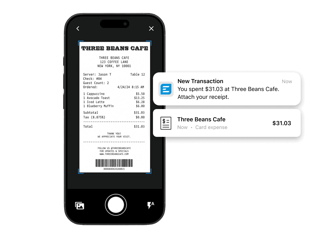 A smartphone scanning a cafe receipt for $31.03, with corresponding transaction notifications next to it.