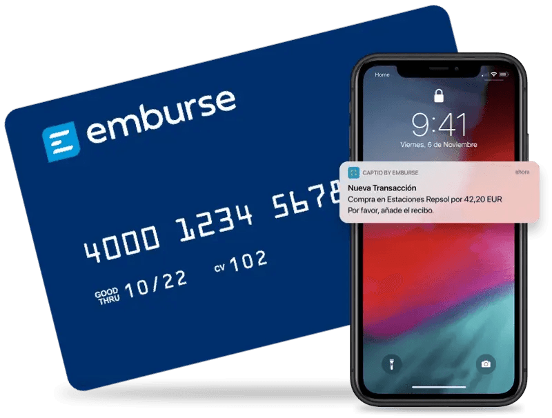 a blue emburse credit card next to a cell phone