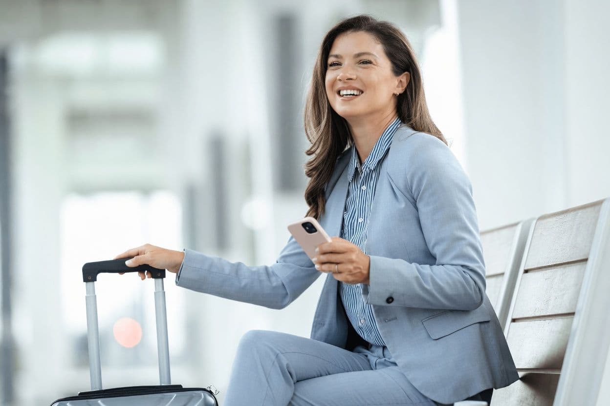 a woman in a suit is smiling while holding a cell phone