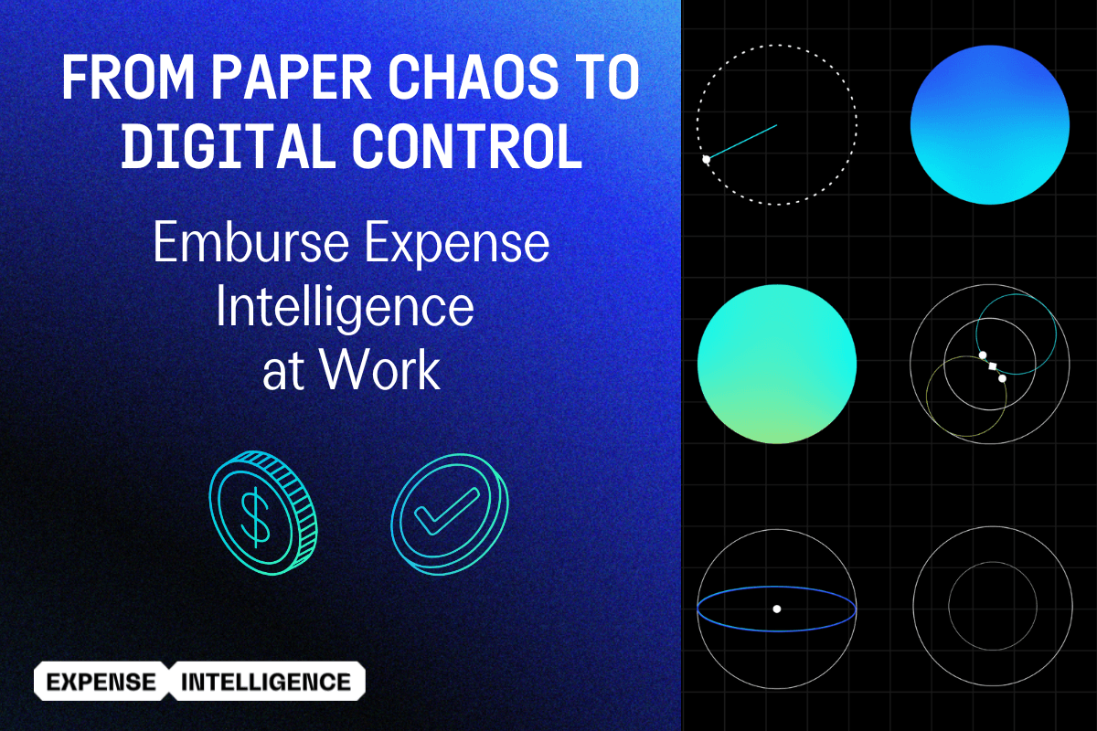 Ad for Emburse Expense Intelligence with text 'FROM PAPER CHAOS TO DIGITAL CONTROL,' abstract digital shapes, and coin icons.