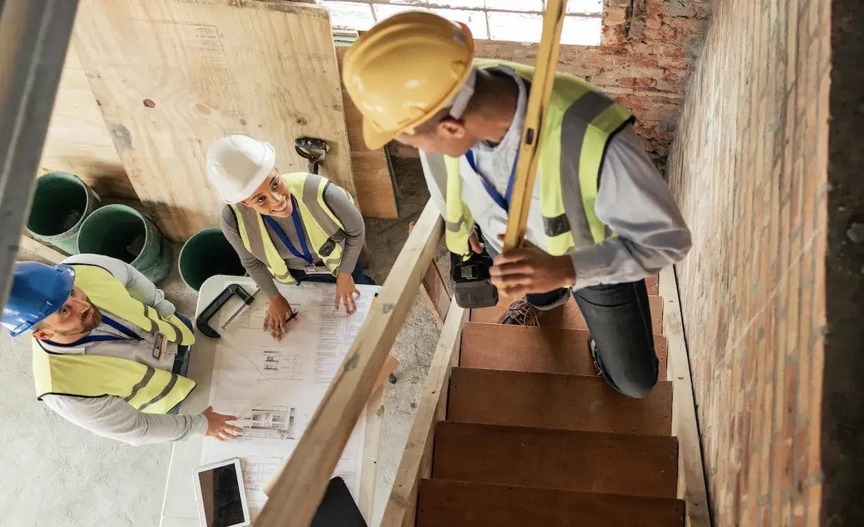 a group of construction workers are standing on a set of stairs looking at a blueprint .