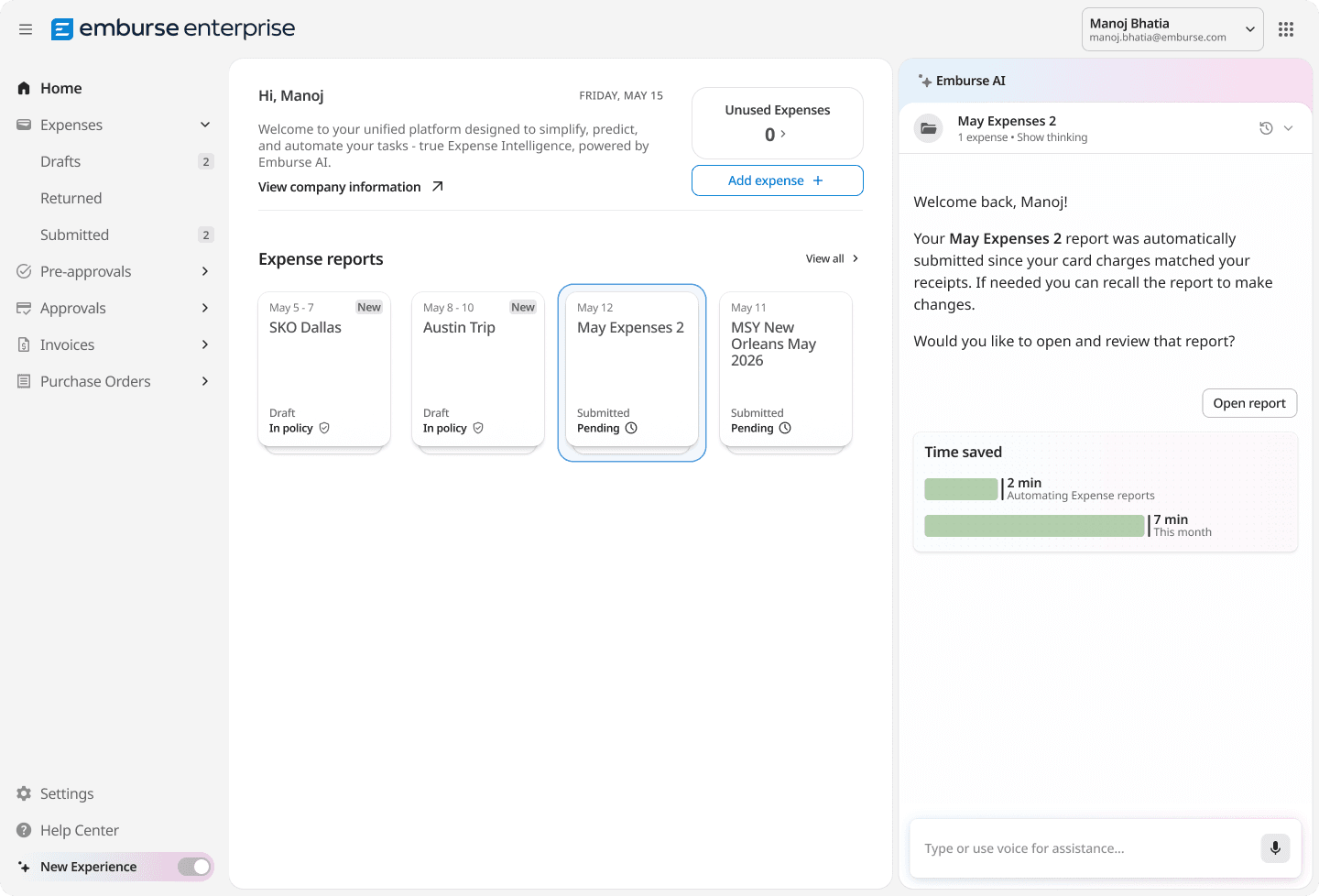 Emburse Enterprise expense management software dashboard displaying expense reports, an AI assistant discussing an automatically submitted "May Expenses 2" report, and time-saving metrics.