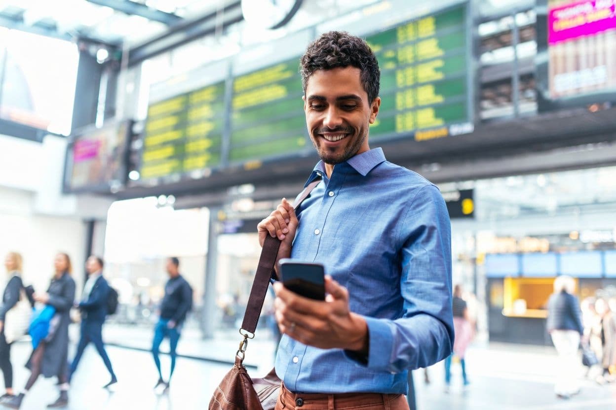 Business traveler using Emburse Go arriving at their destination
