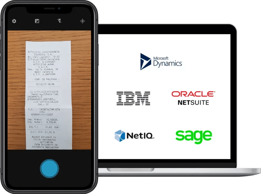 a phone taking a picture of a receipt next to a laptop with logos for ibm oracle netsuite and sage