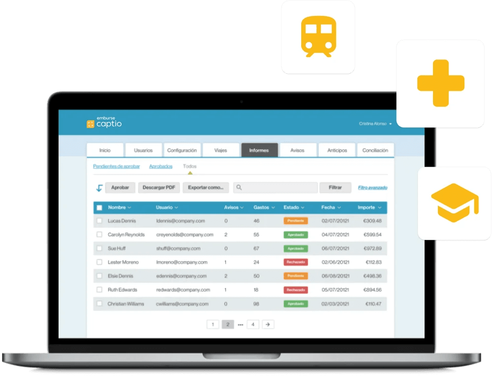a laptop screen shows a list of people and their email addresses