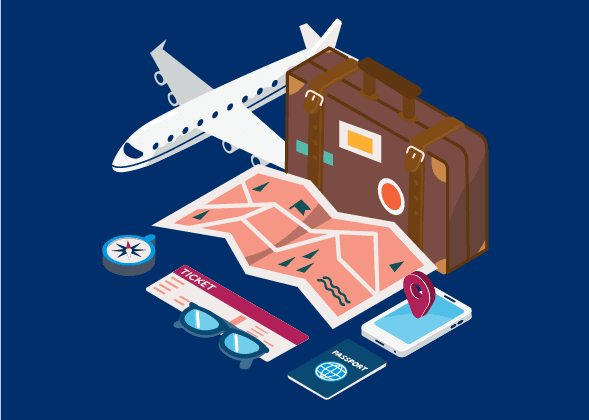 Travel illustration with airplane, suitcase, map, passport, ticket, and phone.