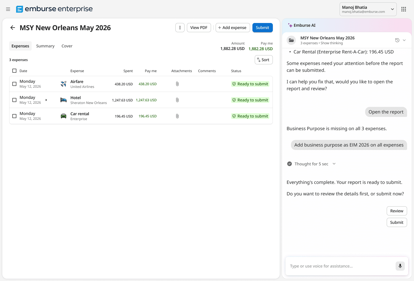 An Emburse expense report displays airfare, hotel, and car rental expenses totaling $1,882.28, with an AI assistant identifying a missing business purpose and prompting for submission.