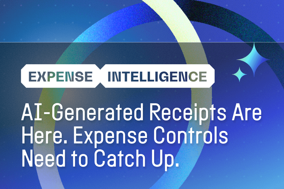 Banner reading "EXPENSE INTELLIGENCE" above the text "AI-Generated Receipts Are Here. Expense Controls Need to Catch Up."