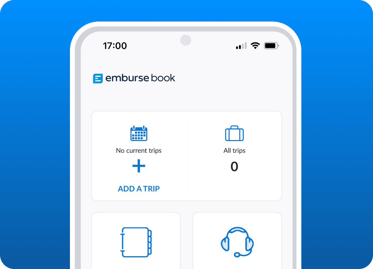 a phone screen shows a screenshot of the emburse book app